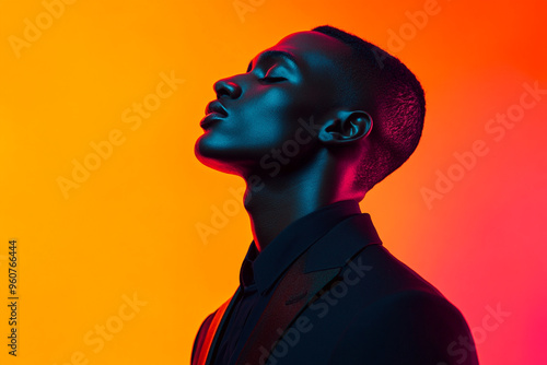 Stylish Mens Charcoal Suit with Neon Orange Fashion Lifestyle Portrait, Modern Background