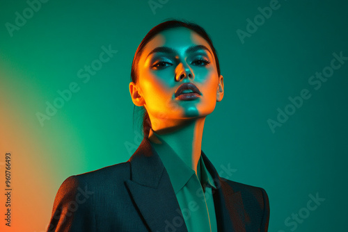 Womens Dark Gray Suit with Neon Aqua Trendy Fashion Portrait, Chic Lifestyle Background