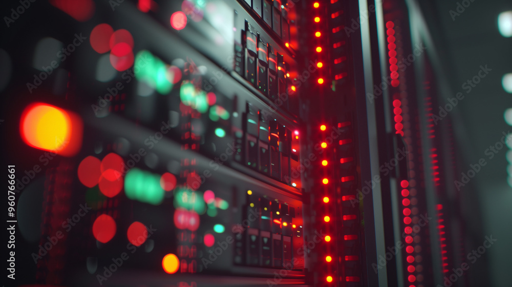 Red LED lights blinking on server hardware in a dark data center, highlighting the essential infrastructure of modern digital networks. Ideal for technology and IT themes. Red LED lights blinking on server hardware in a dark data center, highlighting the essential infrastructure of modern digital networks. Ideal for technology and IT themes.