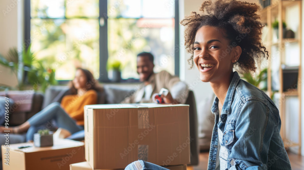 Happy Couple and Friend Unpacking Boxes in a Modern, Spacious Living Room with Large Windows Happy Couple and Friend Unpacking Boxes in a Modern, Spacious Living Room with Large Windows