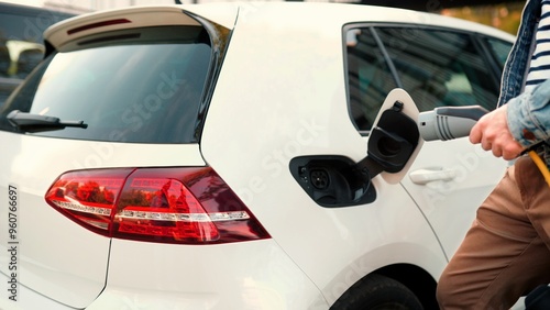 Close up shot of man using cable to charge his electric car outdoors. Male hand putting charger cable into charging port in vehicle on street. EV technology concept. Future automobile Charging station photo