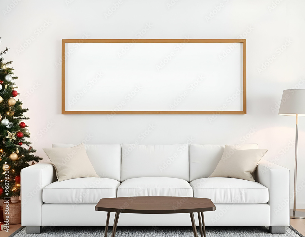 An empty white frame hanging on the wall and a white sofa next to a Christmas tree are both present in the living room. An empty white frame hanging on the wall and a white sofa next to a Christmas tree are both present in the living room.