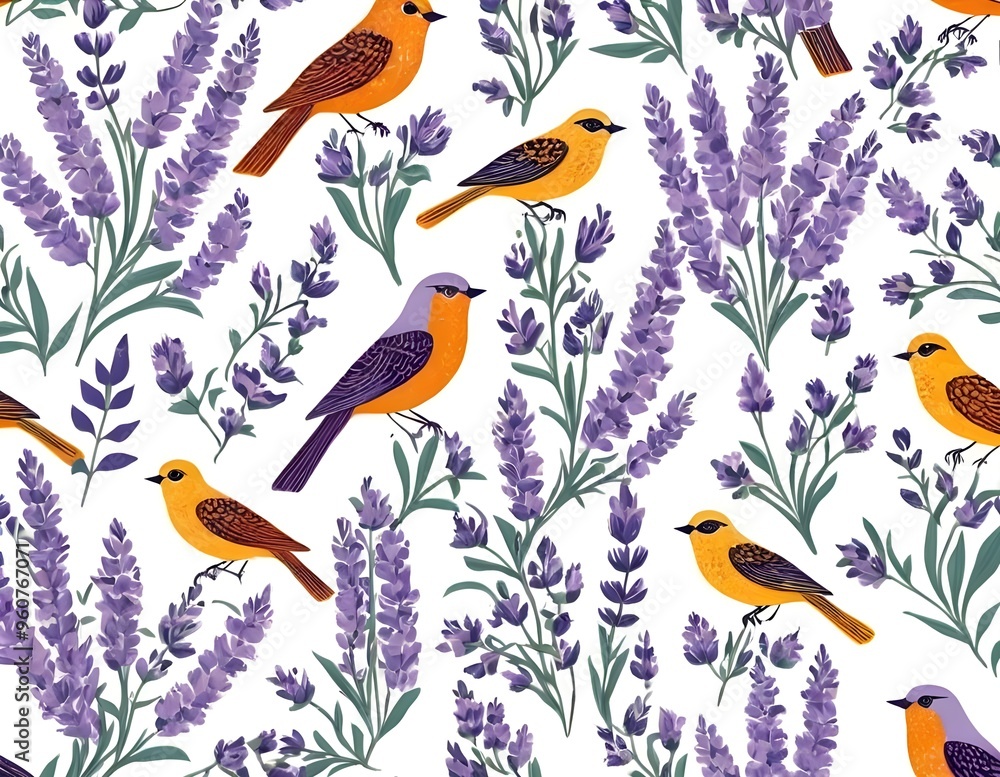 Elegant purple birds perched among floral patterns in a vibrant design provance Elegant purple birds perched among floral patterns in a vibrant design provance