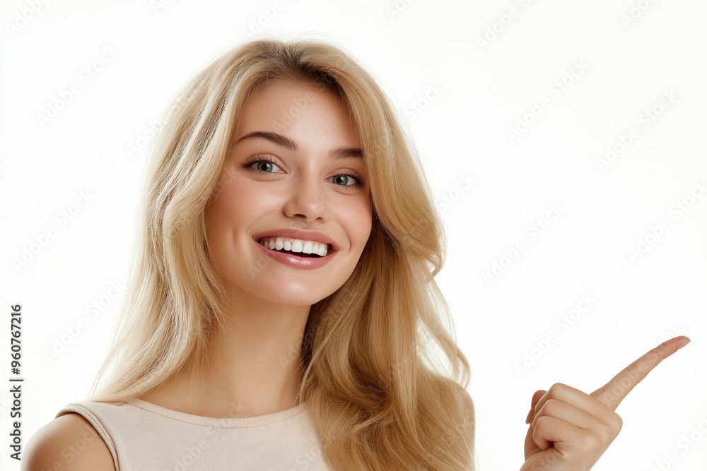 Portrait of a beautiful, smiling young woman on a white background, pointing to the side at an empty space perfect for text, logos, or advertisements, generative AI Portrait of a beautiful, smiling young woman on a white background, pointing to the side at an empty space perfect for text, logos, or advertisements, generative AI