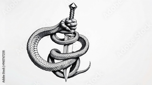 A detailed illustration of a serpent entwined around a sword held firmly in a fist, conveying themes of strength and power