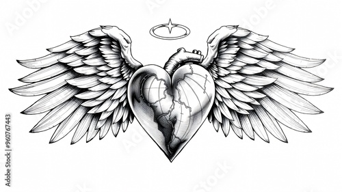 Detailed illustration of a broken heart surrounded by angel wings and a halo in a captivating design