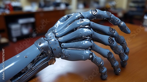 Advanced neuroprosthetic limb being controlled by brain signals in a rehabilitation center photo