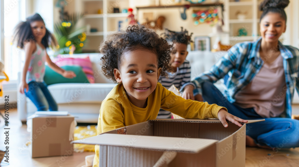 Happy Family Unpacking in Modern Living Room - Children Opening Cardboard Box, Joyful Family Activity Happy Family Unpacking in Modern Living Room - Children Opening Cardboard Box, Joyful Family Activity