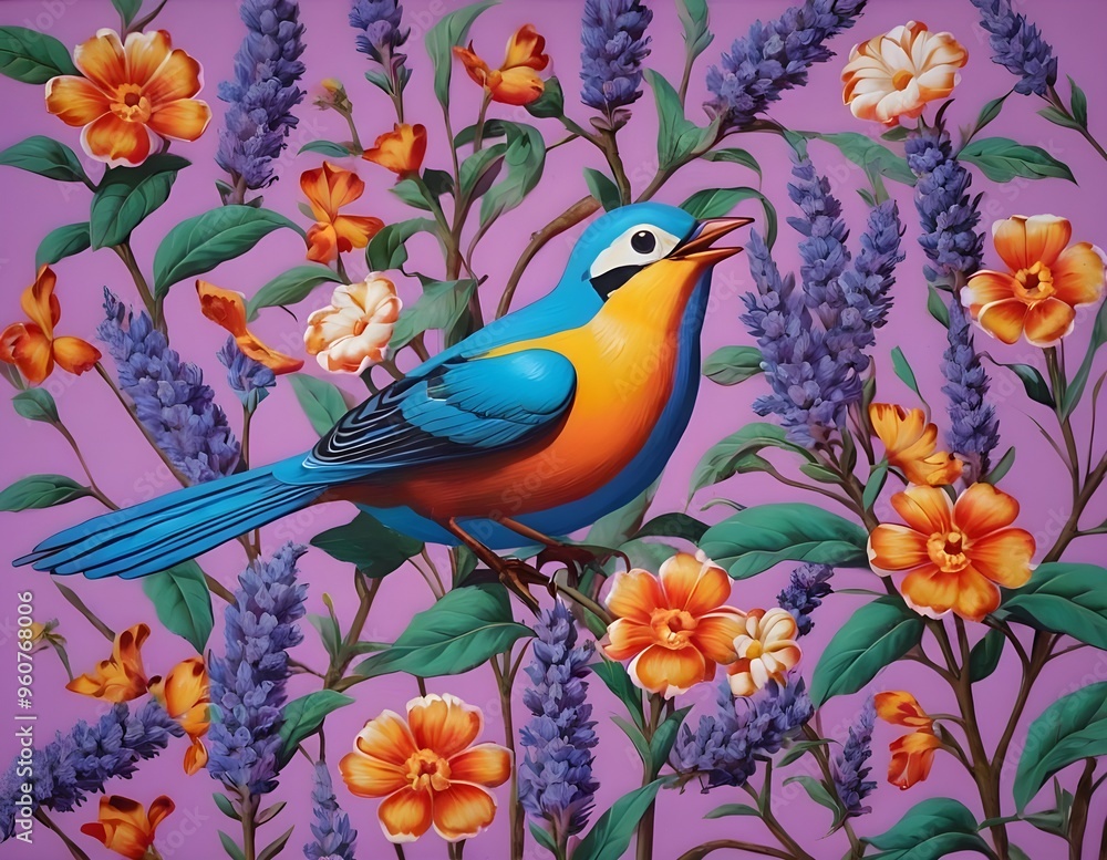 Elegant purple birds perched among floral patterns in a vibrant design provance Elegant purple birds perched among floral patterns in a vibrant design provance