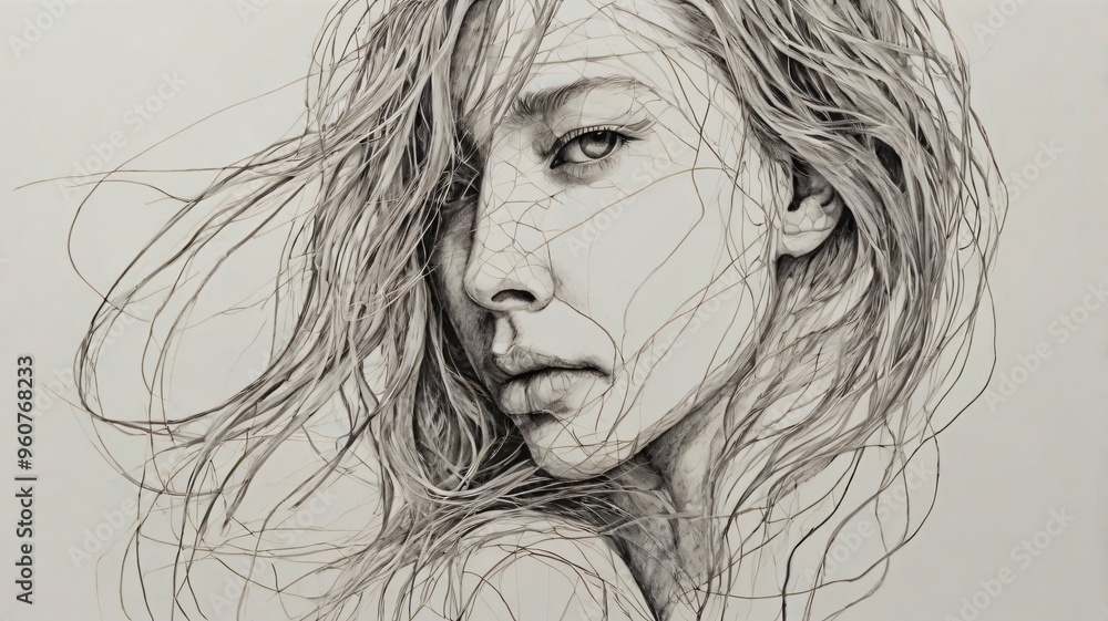 Detailed sketch of a woman with flowing hair capturing emotional expression and artistry in a monochromatic style Detailed sketch of a woman with flowing hair capturing emotional expression and artistry in a monochromatic style