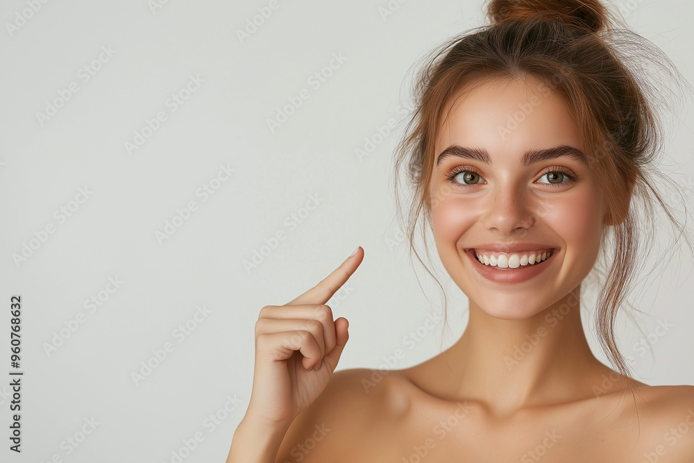 Portrait of a beautiful, smiling young woman on a white background, pointing to the side at an empty space perfect for text, logos, or advertisements, generative AI Portrait of a beautiful, smiling young woman on a white background, pointing to the side at an empty space perfect for text, logos, or advertisements, generative AI