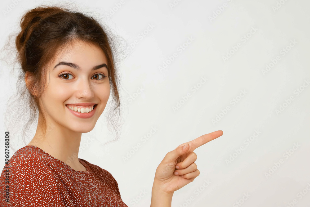 Portrait of a beautiful, smiling young woman on a white background, pointing to the side at an empty space perfect for text, logos, or advertisements, generative AI Portrait of a beautiful, smiling young woman on a white background, pointing to the side at an empty space perfect for text, logos, or advertisements, generative AI