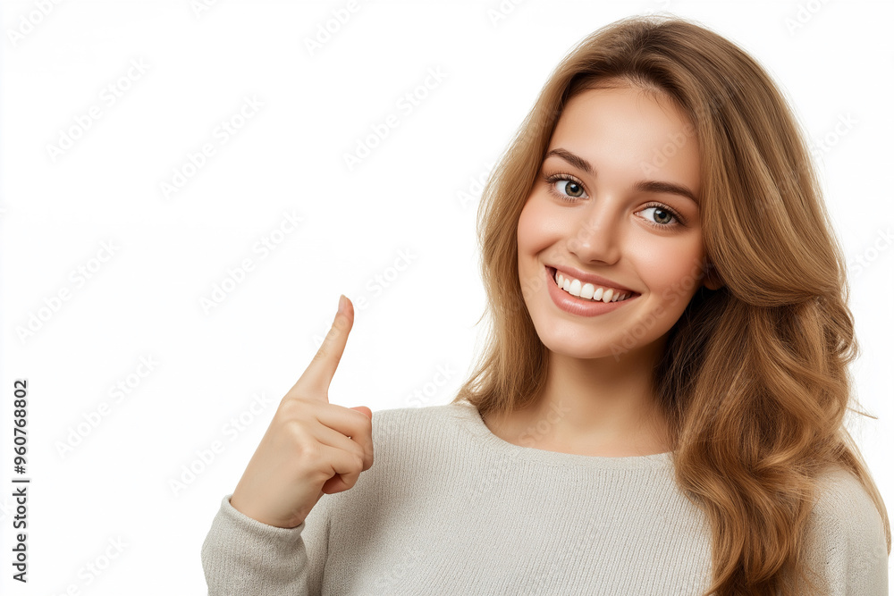 Portrait of a beautiful, smiling young woman on a white background, pointing to the side at an empty space perfect for text, logos, or advertisements, generative AI Portrait of a beautiful, smiling young woman on a white background, pointing to the side at an empty space perfect for text, logos, or advertisements, generative AI
