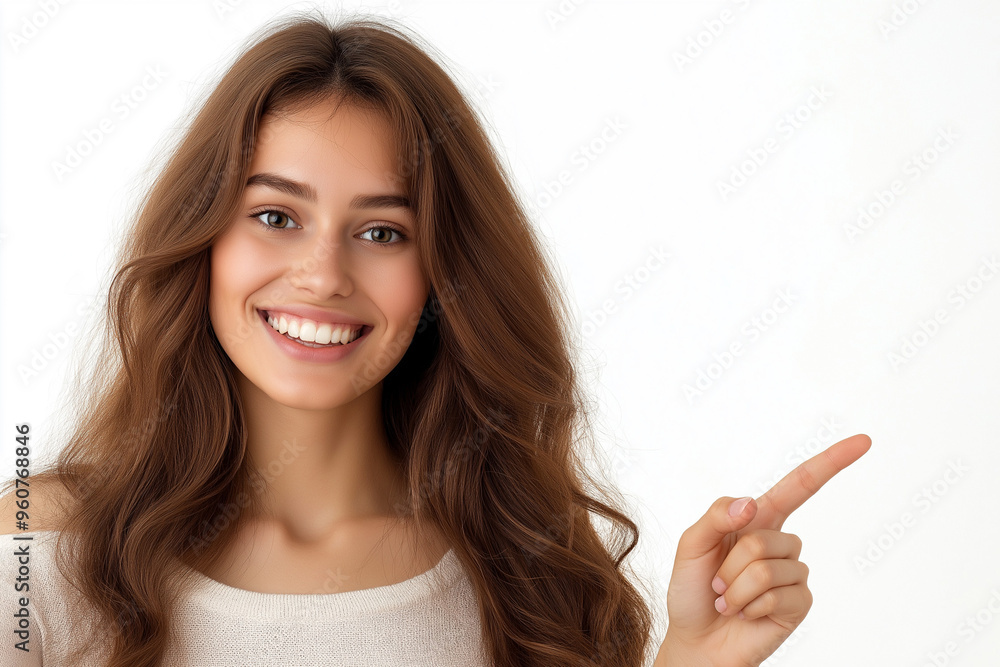 Portrait of a beautiful, smiling young woman on a white background, pointing to the side at an empty space perfect for text, logos, or advertisements, generative AI Portrait of a beautiful, smiling young woman on a white background, pointing to the side at an empty space perfect for text, logos, or advertisements, generative AI