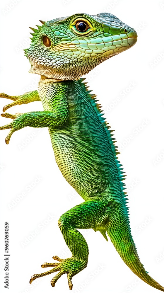 Fototapeta premium Green lizard in transportation, isolated with complete body in focus