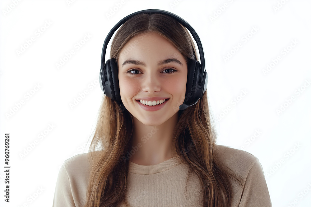Portrait of a young woman with a headset and microphone, perfect for customer service or call center visuals, generative AI Portrait of a young woman with a headset and microphone, perfect for customer service or call center visuals, generative AI