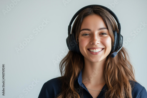 Obraz na płótnie Portrait of a young woman with a headset and microphone, perfect for customer service or call center visuals, generative AI w salonie