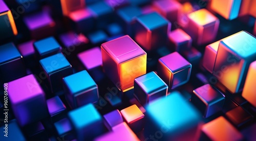 Vibrant Neon Cubes on a Dark Background - 3D Illustration