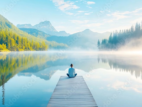 A tranquil scene of a person reflecting by a calm lake, symbolizing personal growth and business evolution through mindfulness and nature