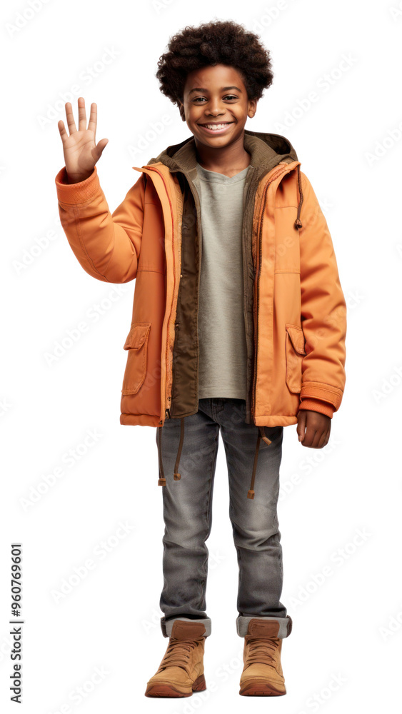 PNG Black kid standing raising hand jacket child happy. PNG Black kid standing raising hand jacket child happy.