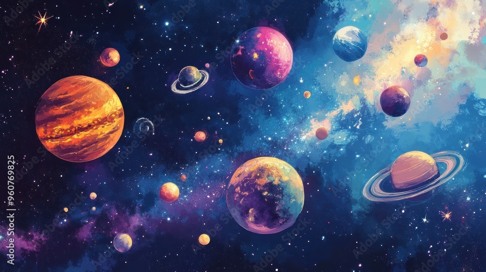 A vibrant cosmic landscape featuring a multitude of planets, stars, and nebulae. A vibrant cosmic landscape featuring a multitude of planets, stars, and nebulae.