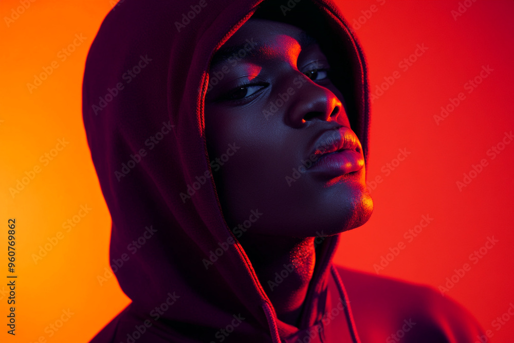 Stylish Mens Burgundy Hoodie with Solid Neon Orange Details, Vibrant Lifestyle Fashion Portrait Stylish Mens Burgundy Hoodie with Solid Neon Orange Details, Vibrant Lifestyle Fashion Portrait