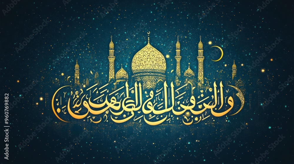 Islamic Calligraphy with Mosque and Crescent Moon Islamic Calligraphy with Mosque and Crescent Moon