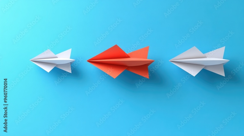 Three paper airplanes, one red, two white, on a blue background. Three paper airplanes, one red, two white, on a blue background.