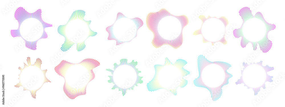 Set of multicolor neon circular sound waves. Sound lines, radial spectrum, sound equalizers. Circular geometric wavy frame. Radial spectrum. Vector illustration. Set of multicolor neon circular sound waves. Sound lines, radial spectrum, sound equalizers. Circular geometric wavy frame. Radial spectrum. Vector illustration.