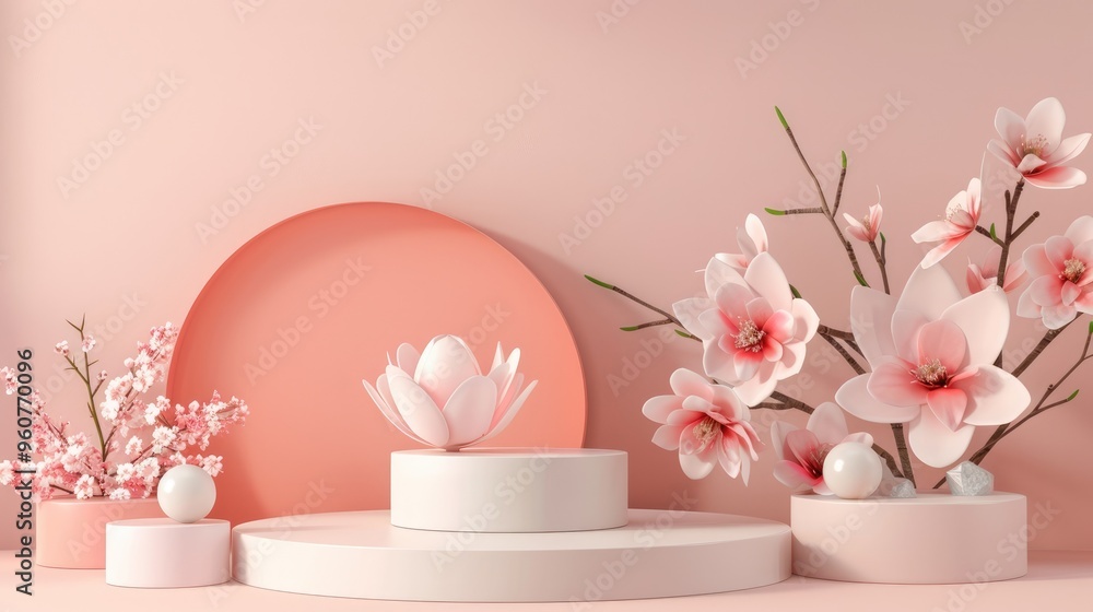 Simple geometric podium with flowers on a light pink background. Simple geometric podium with flowers on a light pink background.