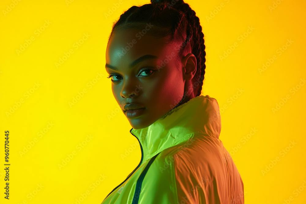 Chic Womans Neon Green Track Suit with Solid Neon Yellow Background, Trendy Lifestyle Portrait Chic Womans Neon Green Track Suit with Solid Neon Yellow Background, Trendy Lifestyle Portrait