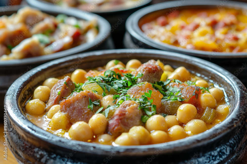 A hearty cocido madrileno stew bursting with chickpeas and vegetables served in a traditional bowl A hearty cocido madrileno stew bursting with chickpeas and vegetables served in a traditional bowl