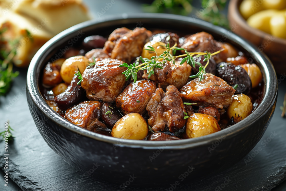 Delicious coq au vin served in a modern ceramic bowl on a rustic slate surface with vibrant ingredients and fresh herbs Delicious coq au vin served in a modern ceramic bowl on a rustic slate surface with vibrant ingredients and fresh herbs