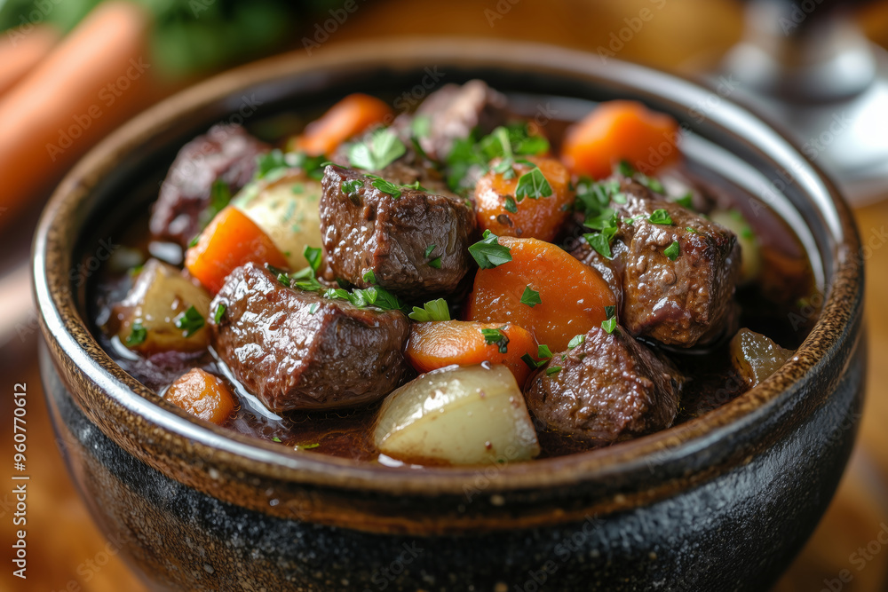 Savor the rich flavors of a hearty beef bourguignon stew simmered in red wine with fresh vegetables on a rustic wooden table Savor the rich flavors of a hearty beef bourguignon stew simmered in red wine with fresh vegetables on a rustic wooden table