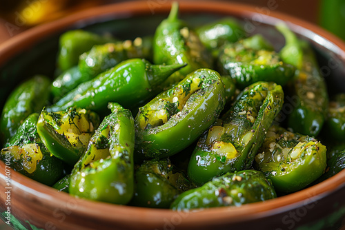 Vibrant padron peppers freshly grilled, served in a rustic bowl, perfect for sharing at a sunny outdoor gathering photo