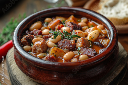 Savor the rich flavors of traditional Fabada asturiana with tender stewed beans and hearty meat, perfect for a cozy meal any time photo