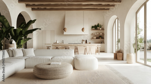 white& light wood color seaside cottage theme decoration in comfortable living room with oversized  sofa in italian style luxury home next to the beach photo