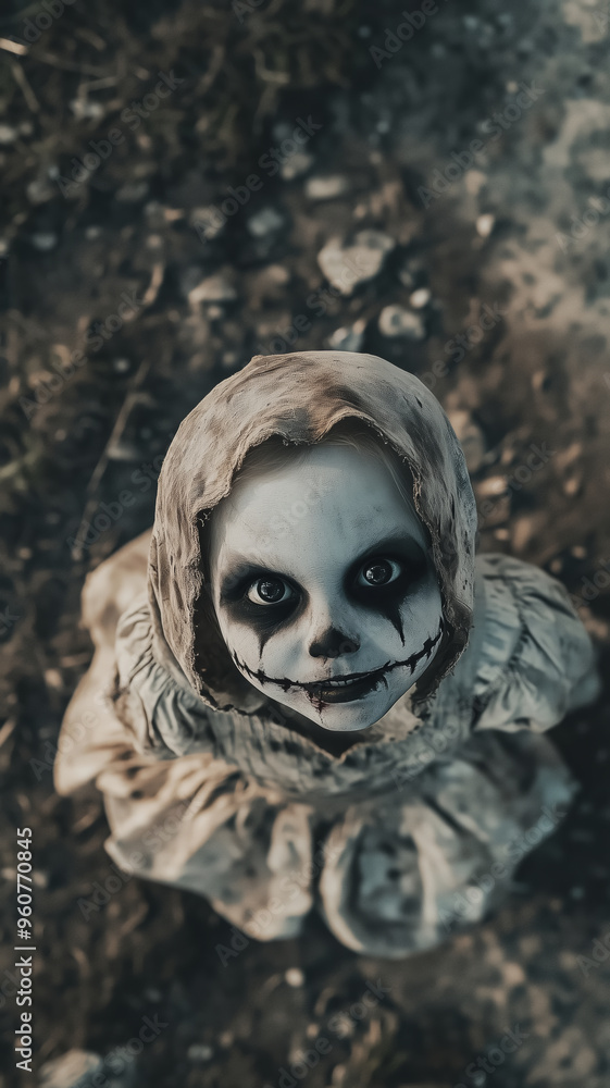 Aerial view captures a haunting ghostly face masked in darkness among overgrown grass in a forgotten landscape Aerial view captures a haunting ghostly face masked in darkness among overgrown grass in a forgotten landscape