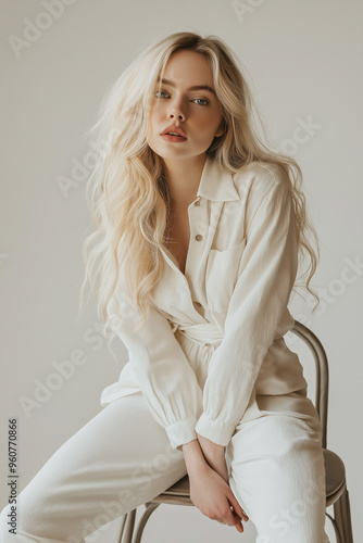 A beautiful, attractive, slim, and elegant young woman in a white dress posing confidently against a white background, embodying style, glamour, and sophistication, generative AI