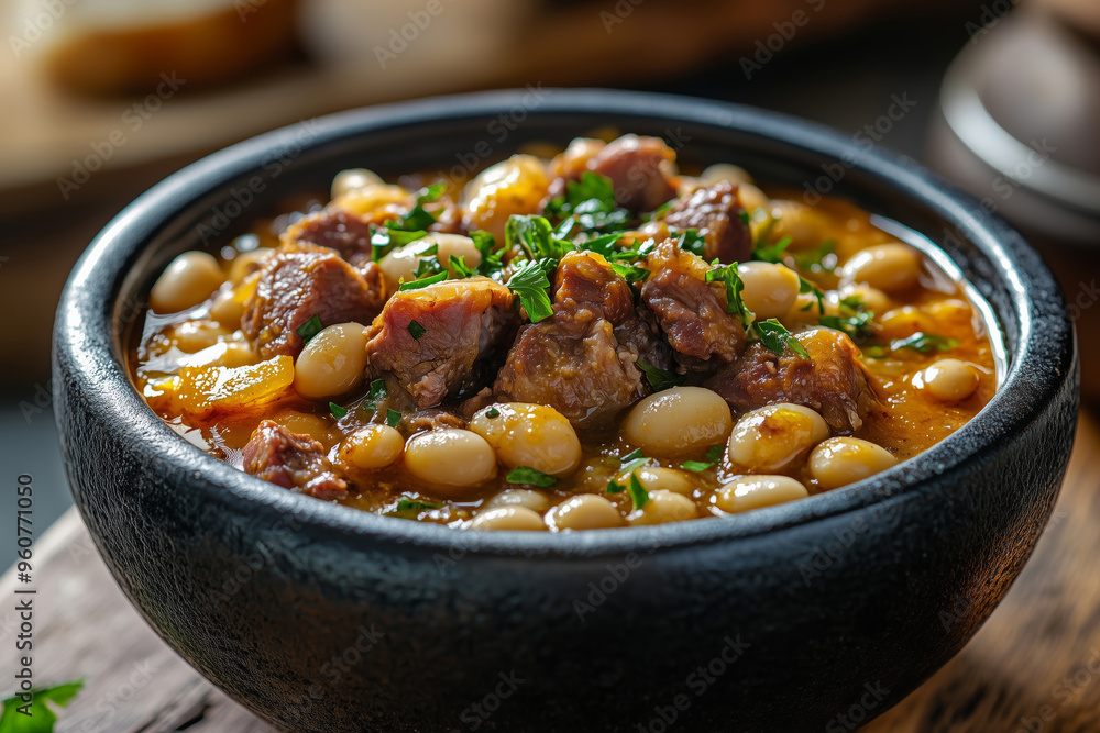 Savoring the rich flavors of Fabada asturiana, a traditional Spanish dish from Asturias in a rustic setting with fresh herbs Savoring the rich flavors of Fabada asturiana, a traditional Spanish dish from Asturias in a rustic setting with fresh herbs