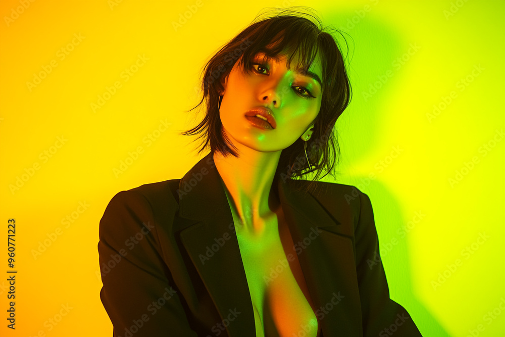 Trendy Womans Dark Brown Blazer with Solid Neon Yellow Details, Fashionable Lifestyle Portrait Trendy Womans Dark Brown Blazer with Solid Neon Yellow Details, Fashionable Lifestyle Portrait