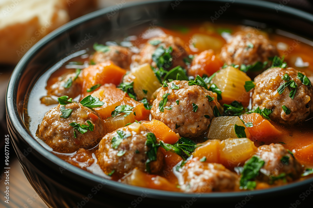 Savor the warmth of hot stew meatball soup with colorful vegetables simmering in a rustic bowl Savor the warmth of hot stew meatball soup with colorful vegetables simmering in a rustic bowl