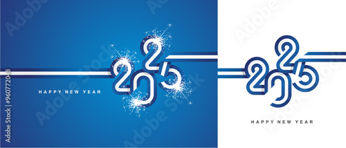 New Year 2025 flag ribbon in the shape of 2025. Abstract blue white flag of Greece shape 2025 logo with sparkle firework isolated on white and blue background