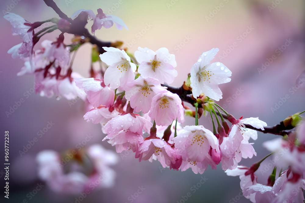 Close-Up of Delicate Cherry Blossoms in Soft Pink with Dewdrops Close-Up of Delicate Cherry Blossoms in Soft Pink with Dewdrops