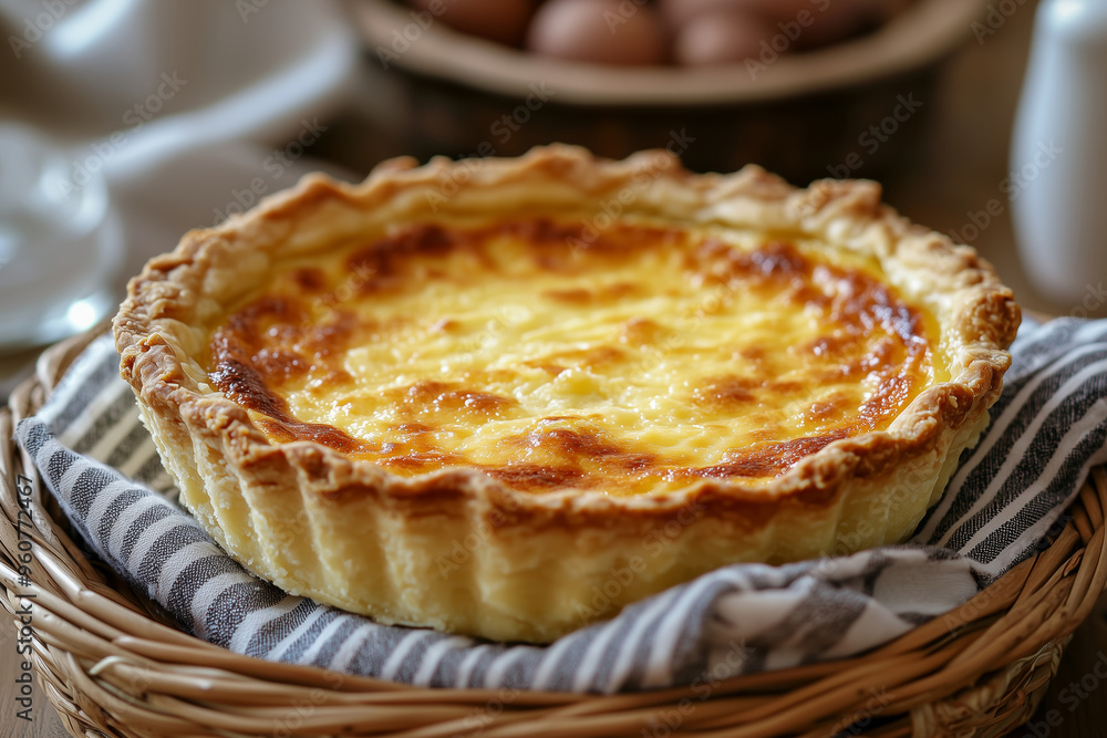 Delicious Quiche Lorraine nestled in a rustic basket with elegant stripes, perfect for a cozy brunch setting Delicious Quiche Lorraine nestled in a rustic basket with elegant stripes, perfect for a cozy brunch setting