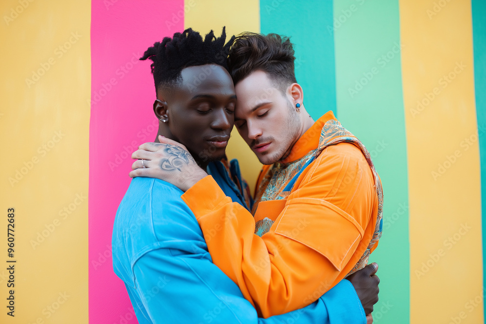 two gays love each other and a black gay and a white gay hug on a colored background, lgbtq+, generative AI two gays love each other and a black gay and a white gay hug on a colored background, lgbtq+, generative AI