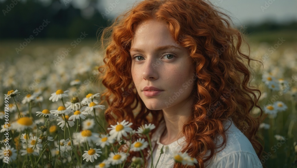 A woman with red hair stands in a field of white flowers A woman with red hair stands in a field of white flowers