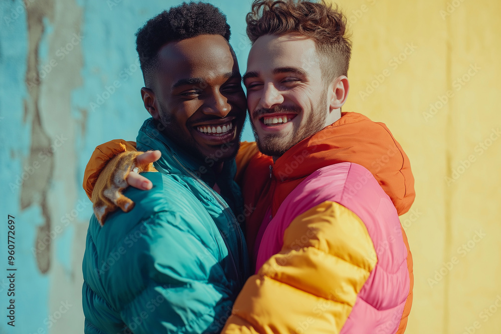 Obraz premium two gays love each other and a black gay and a white gay hug on a colored background, lgbtq+, generative AI