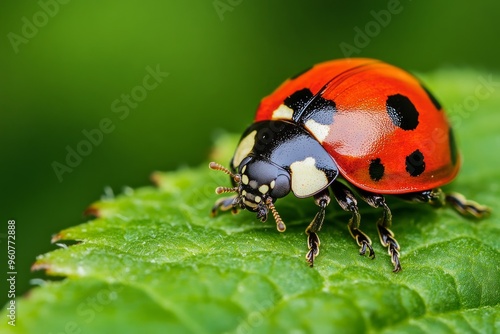 Close-up of a vibrant red ladybug on a leaf surface in nature