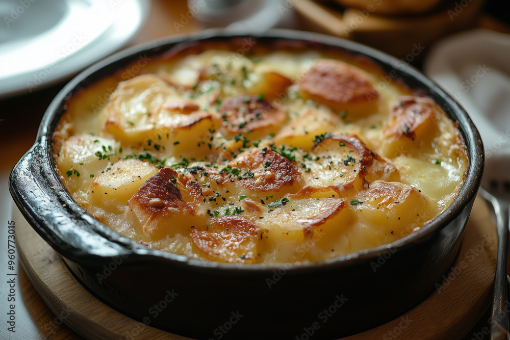 A comforting tartiflette served warm in a rustic setting, perfect for gathering with friends and family on a cozy evening A comforting tartiflette served warm in a rustic setting, perfect for gathering with friends and family on a cozy evening